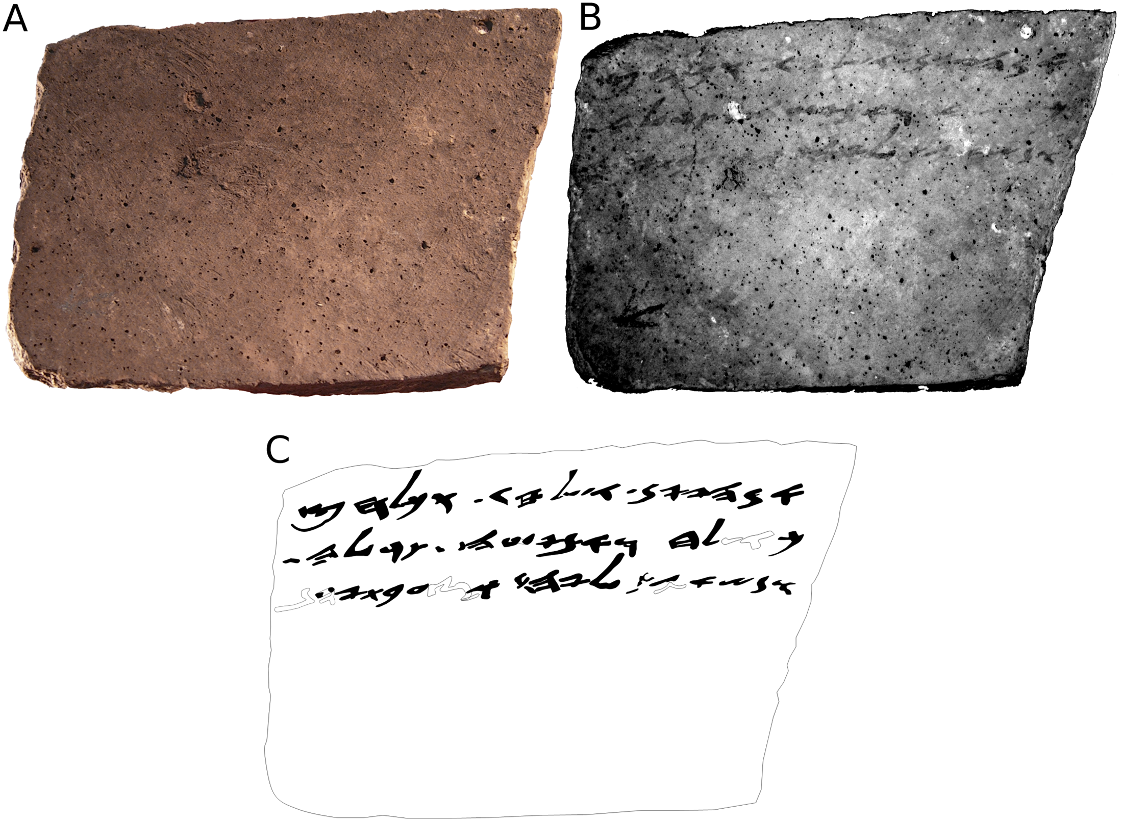 Three views of the back of Arad 16: a color photograph, an infrared image showing faint writing, and a drawing of the proposed letters.