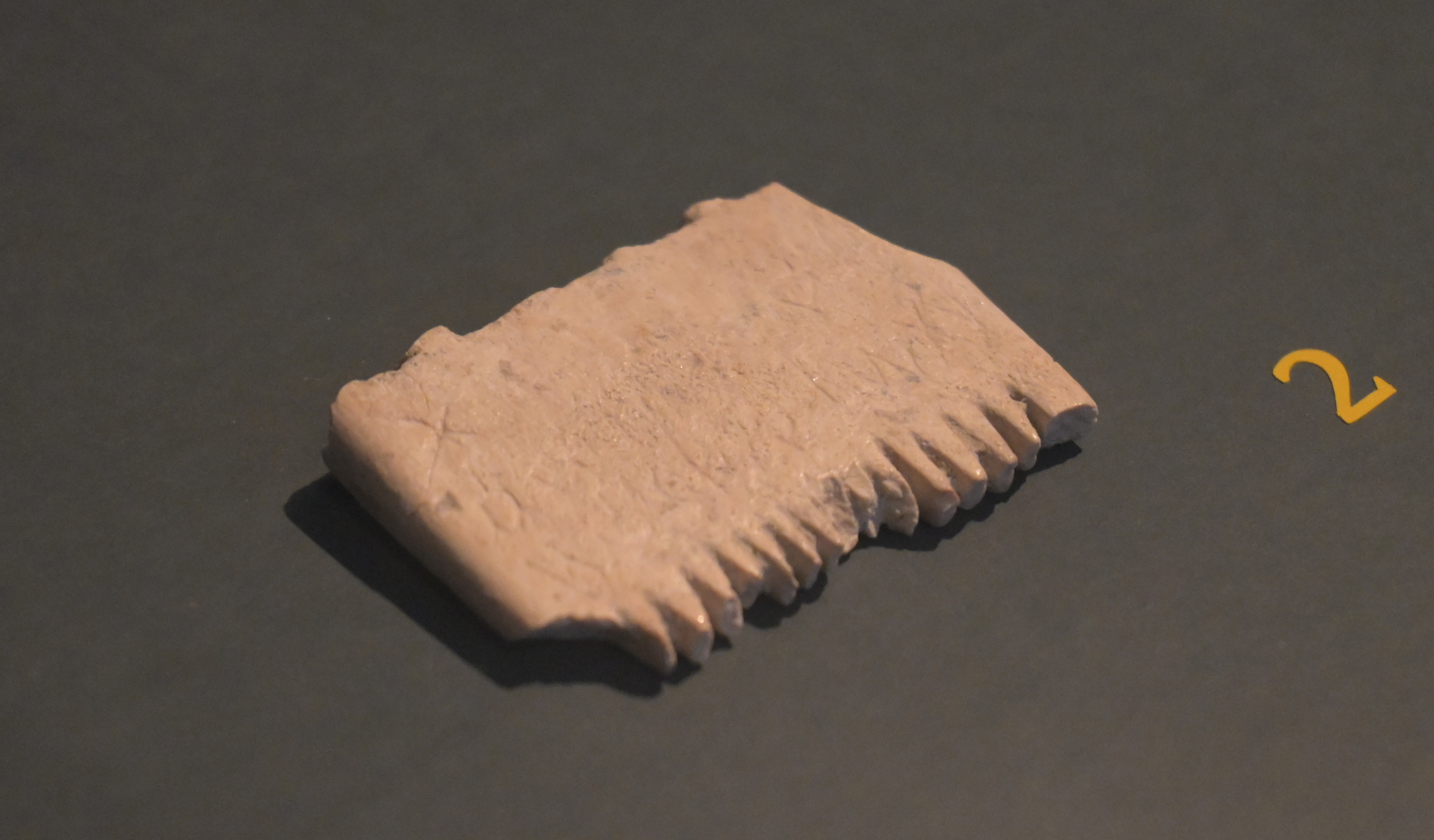 Small ivory comb on display, with worn teeth along its edges and faint scratched letters across its surface.